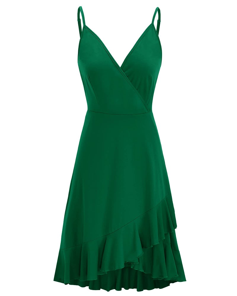 ULTRANICE Summer Green Dress Womens Spring 2025 Trendy Casual Wrap Flowy V Neck Adjustable Spaghetti Outfits Clothes Wedding Guest Semi Formal Graduation Party Midi Sun Dresses(Green,S) - Image 3